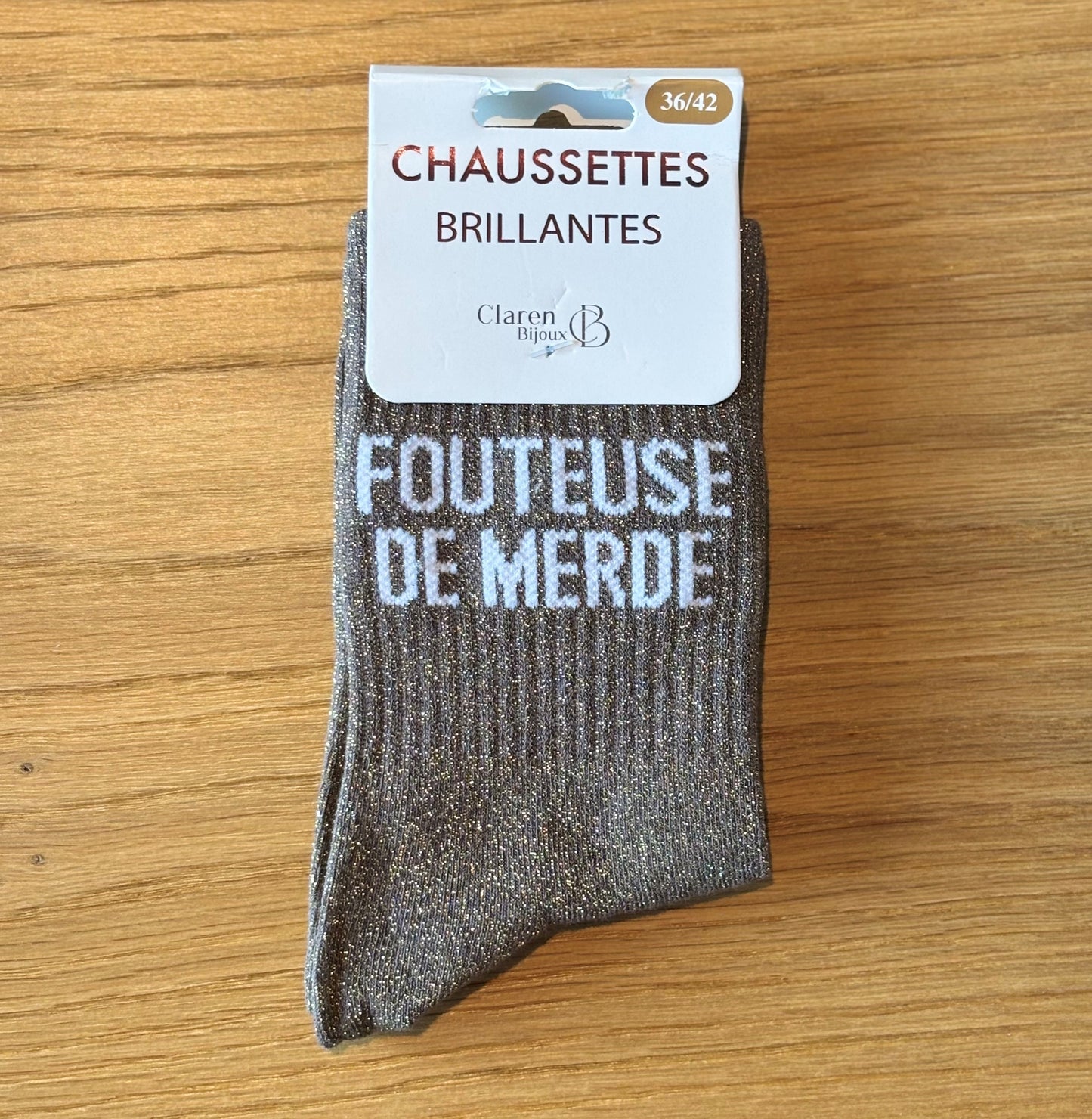 Chaussettes pailletées FOUTEUSE DE MERDE brunes