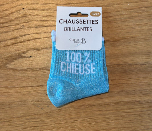 Chaussettes pailletées basses 100% CHIEUSE bleues claires et dentelle