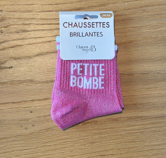 Chaussettes pailletées basses PETITE BOMBE roses foncées et dentelle
