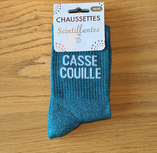 Chaussettes pailletées CASSE COUILLE bleues canard