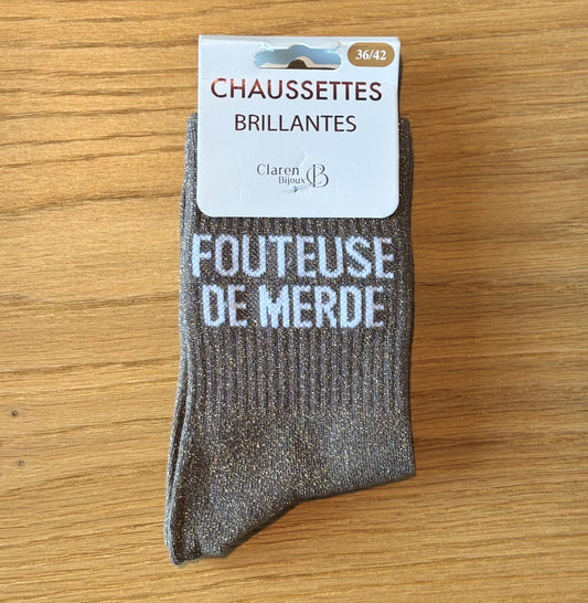 Chaussettes pailletées FOUTEUSE DE MERDE brunes