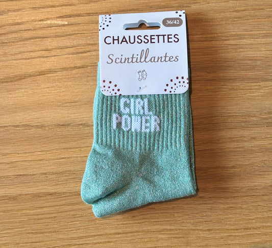 Chaussettes pailletées basses GIRL POWER vert d'eau