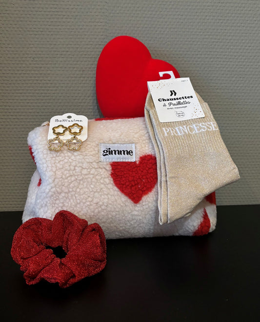 Trousse surprise Saint-Valentin (boucles d'oreilles, chaussettes et chouchou à paillettes)